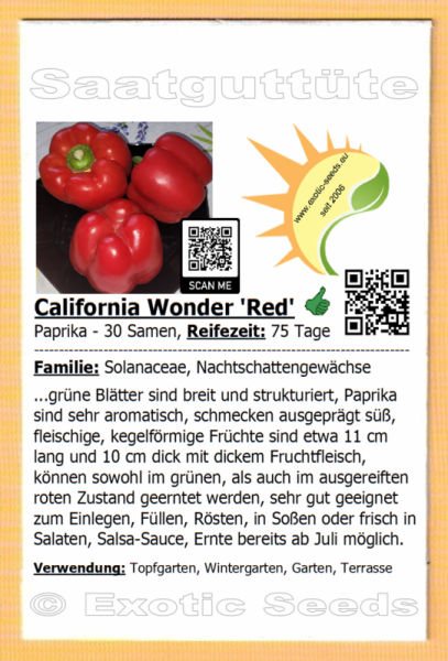 Paprika * California Wonder Red * 30 Samen